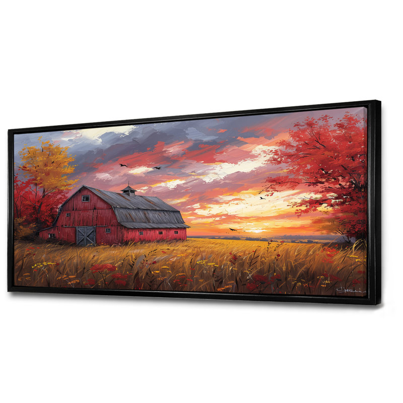 «Autumn Red Barn Breeze II» - reproduction d'art murale grange, Toile avec cadre flottant noir, H 28 po x l 60 po x P 1,5 po