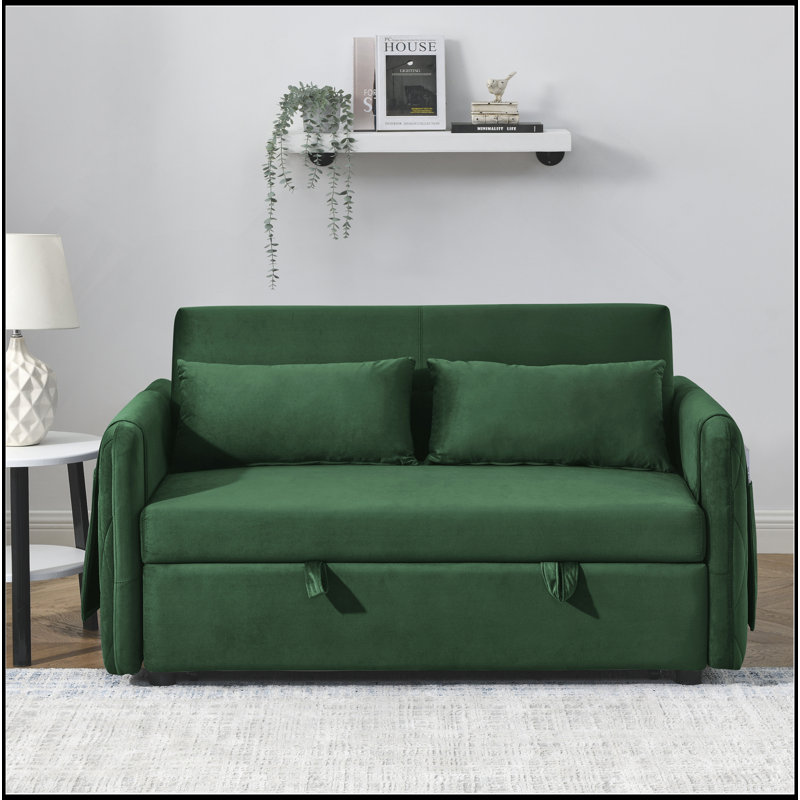 55" Modern Convertible Sofa Bed With 2 Detachable Arm Pockets, Velvet Loveseat Sofa With Pull Out Bed, 2 Pillows And Living Room Adjustable Backrest, Grid Design Armrests
