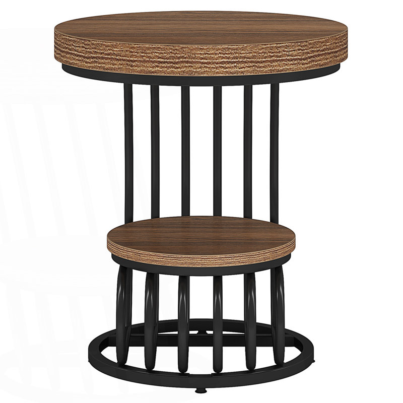 Round Vintage End Table With 2-Tier Storage, Drink Table