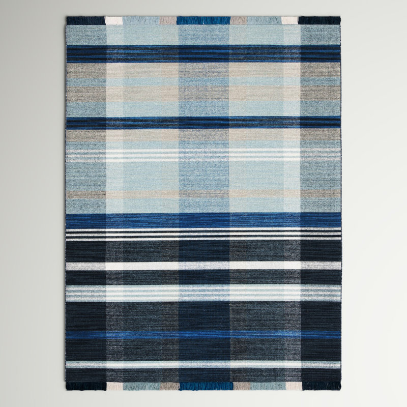 Anjail Flat Weave Wool/Cotton Plaid Rug in Black/Blue, Rectangle 9' x 12'