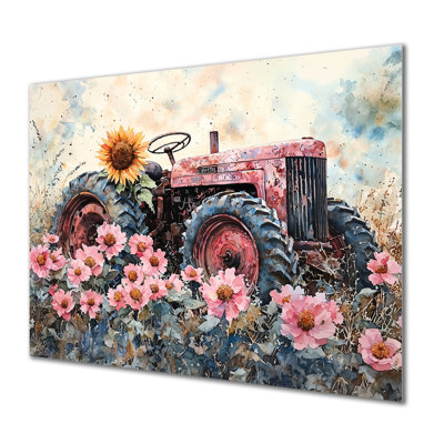 Tournesols par le vieux tracteur I - ferme, décoration murale en métal, impression d'art campagnard en métal