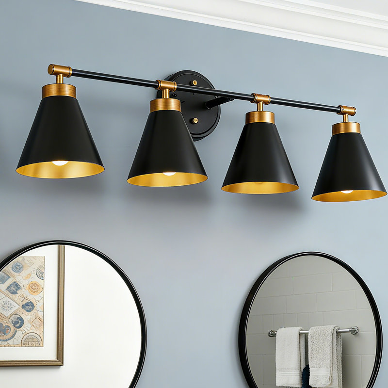 4-Light Bath Vanity Light Dimmable with Black Brass Metal Shade