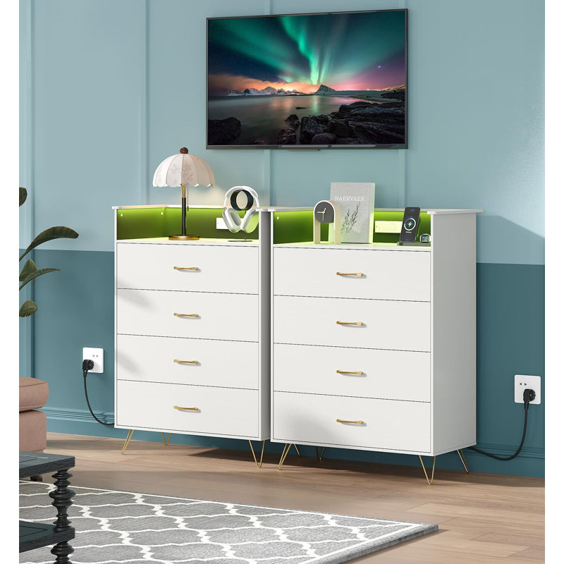 4-Drawer Wooden Dresser with LED Lights & Charging Station, Modern App-Controlled Storage Cabinet for Living Room, White
