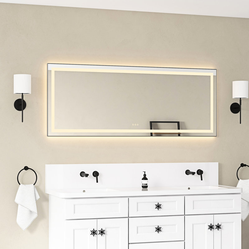 Miroir de salle de bain 72 "x 28" avec cadre en aluminium, 3 températures de couleurs, brouillard, gradation continue pour un éclairage personnalisé
