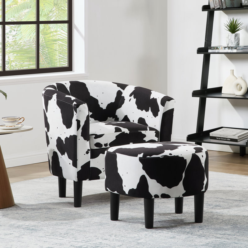 Anges Upholstered Barrel Chair with Ottoman, Black Cow Print Polyester