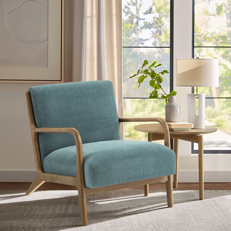 Novak Upholstered Mid-Century Armchair with Wood Arms and Frame, Teal, Teal Microfiber, Natural