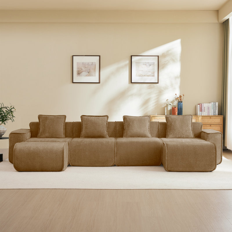 U-Shaped Velvet Sectional Sofa with Throw Pillows & Ottomans