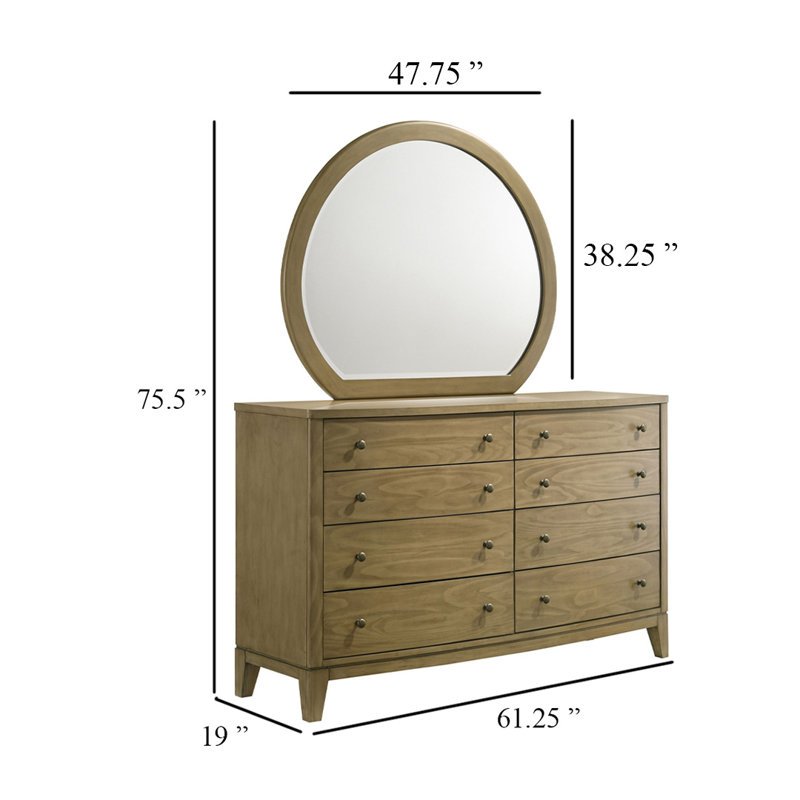 Commode large Heon avec miroir, 8 tiroirs, structure en bois brun naturel