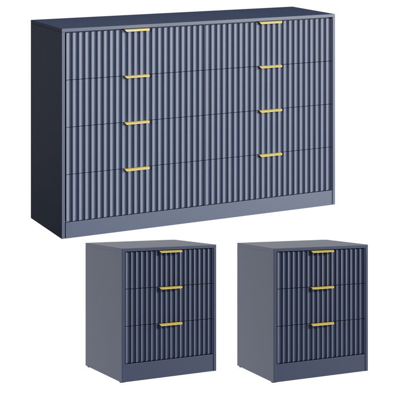 Ensemble de commode et table de chevet 3 pièces pour chambre à coucher, commode cannelée 8 tiroirs 55 po