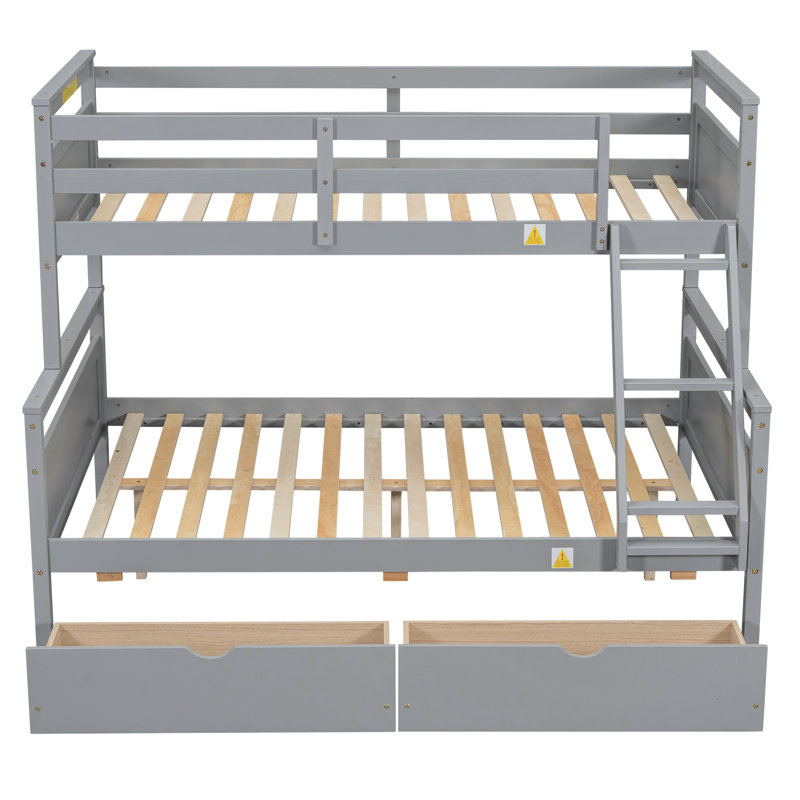 Lit simple superposé au-dessus d'un lit double, gris, avec finition sécurisée et espace de rangement gris, garde-corps robuste