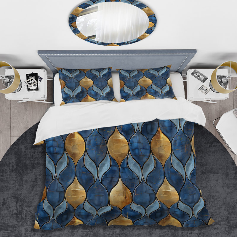 Ensemble de housse de couette moderne Blue Gold Ogee Patten II, Housse de couette très grand et 2 très grandes t