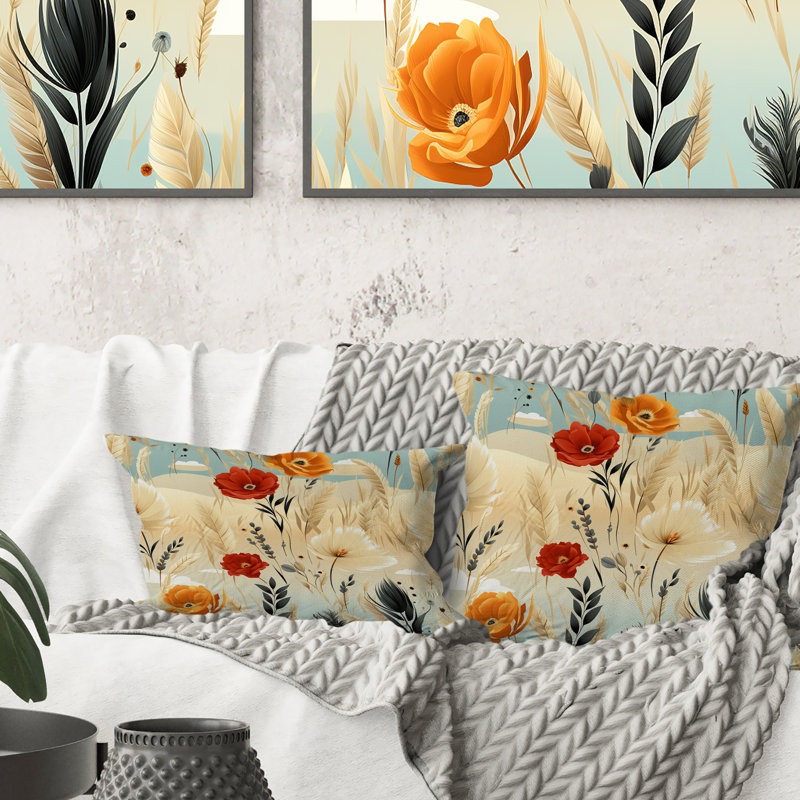 Coussin décoratif à motif floral bohème beige IV, H 18 po x l 18 po