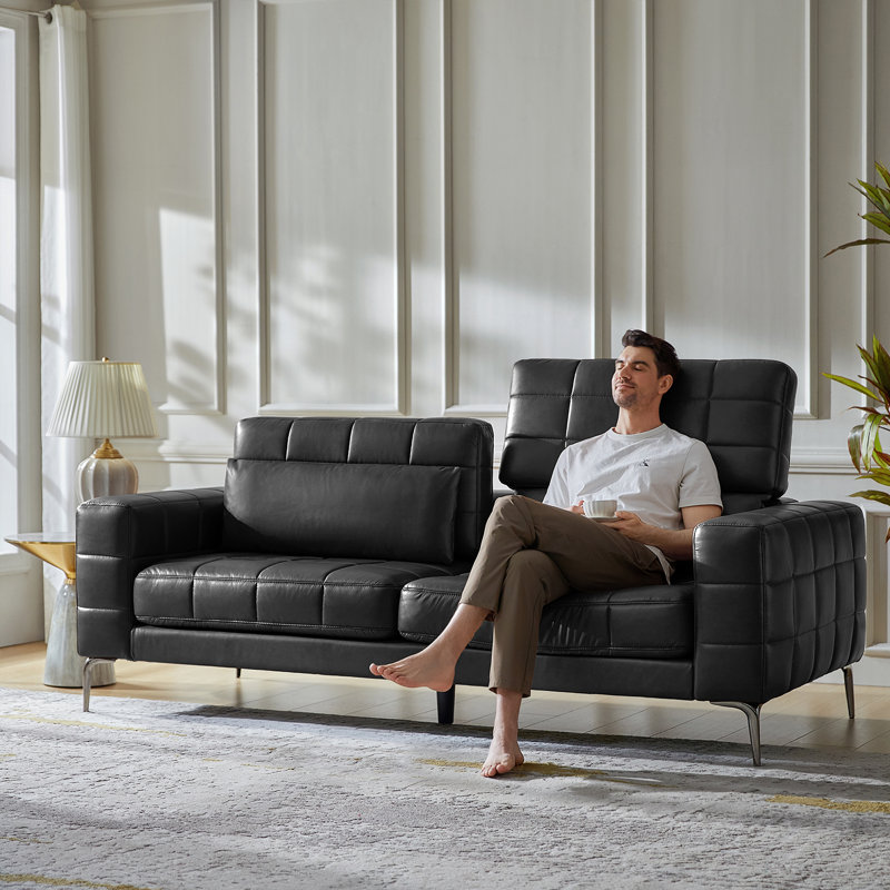 87.5" W Faux Leather Upholstered Sofa with Adjustable Backrest , Black