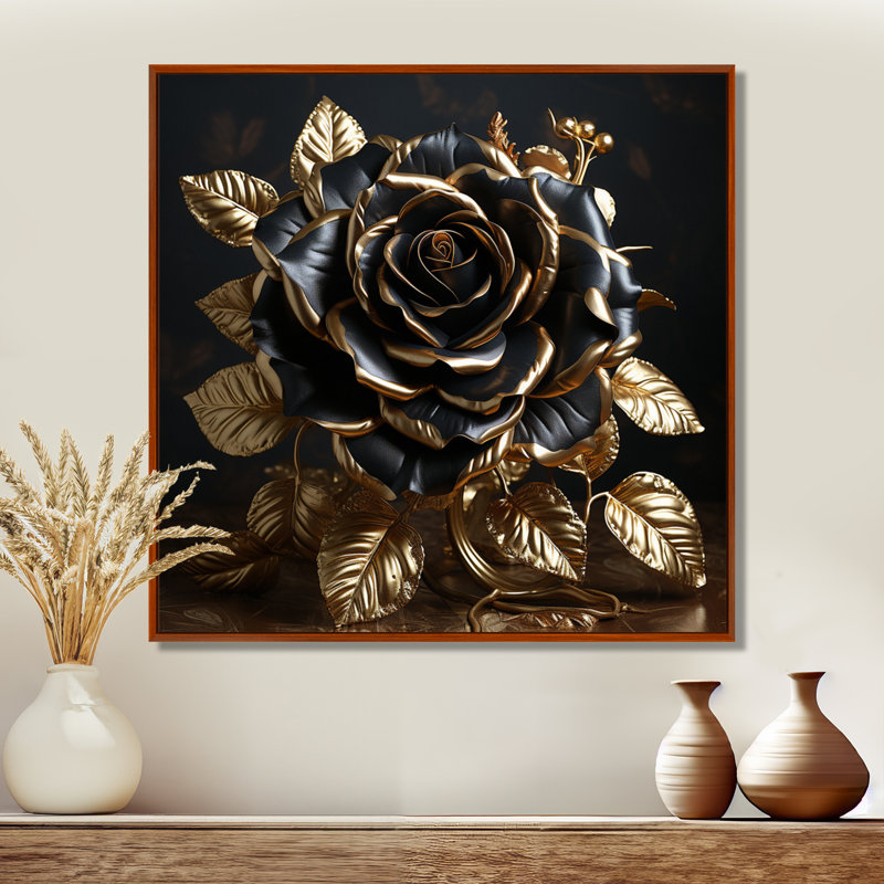 Décoration murale noire rose doré doré et feuilles dorées - rose, H 30 po x l 30 po x P 1 po, Toile avec cadre flottant brun