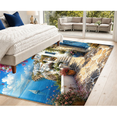 Tapis paysage de village en bord de mer, imprimé scène côtière de style méditerranéen, tapis de sol antidérapant avec vue panoramique sur l'océan, décoration intérieure vibrante pour salon, chambre, entrée, appartement