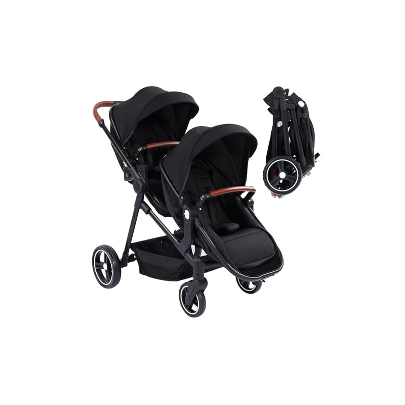 Lightweight Double Stroller for Infant & Toddler - Reversible Tandem Pushchair with Collapsible Bassinet - Adjustable Backrest & Canopy