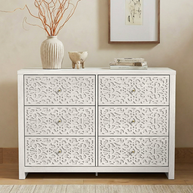Zahara Bohemian 45.4"W 6 Drawer Dresser, Antique White Oak