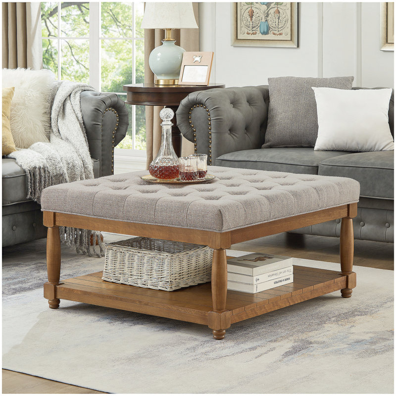 Grande table basse carrée avec repose-pieds en lin capitonné et grand repose-pieds avec tablette en bois massif, Khaki