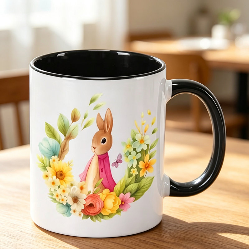 1pc Elegant Rabbit & Pastel Pink Floral Ceramic Mug with Rabbit Ear - Insulated Coffee & Tea Cup Scratch-Resistant - for Home.