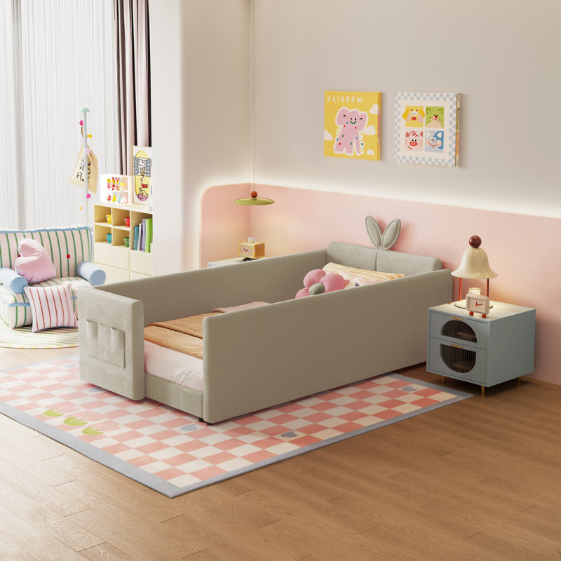 Twin Size Upholstered Platform Bed With Cute Rabbit Ear Shaped Headboard, Safety Rail, And Convenient Storage Pocket, Boucle Fabric – Perfect For Kids' Bedroom