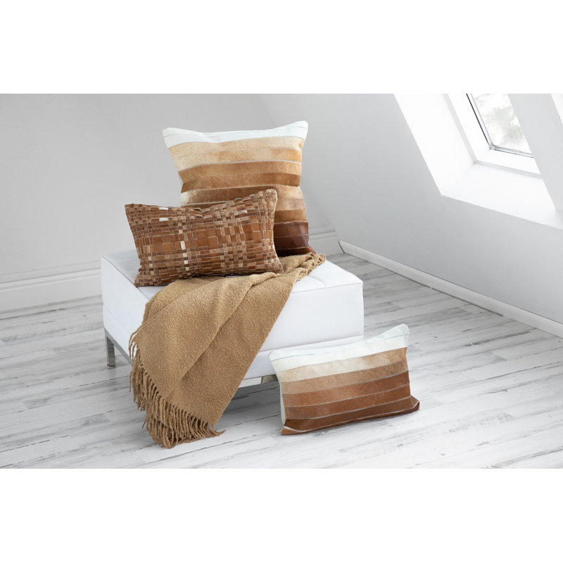  Cowhide Decorative Cushion Brown Ombre Strip Design – Leather Accent, Cream/Tan, 20"H x 20"W, Square
