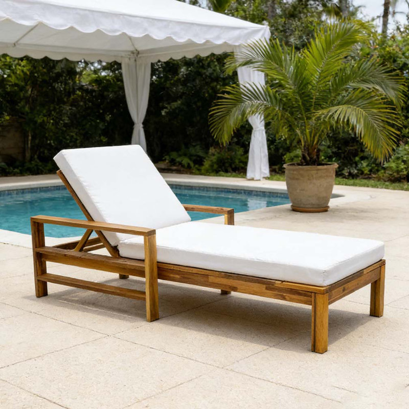 Chaise longue d'extérieur à dossier réglable en bois d'acacia, Naturel + beige