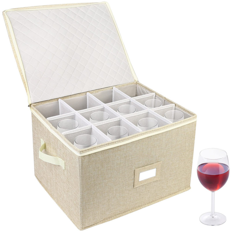 Stemware Storage Container For Moving, Hard Shell, Stackable Wine Glass Storage Box With Dividers & Handles, Crystal Glassware, Beige