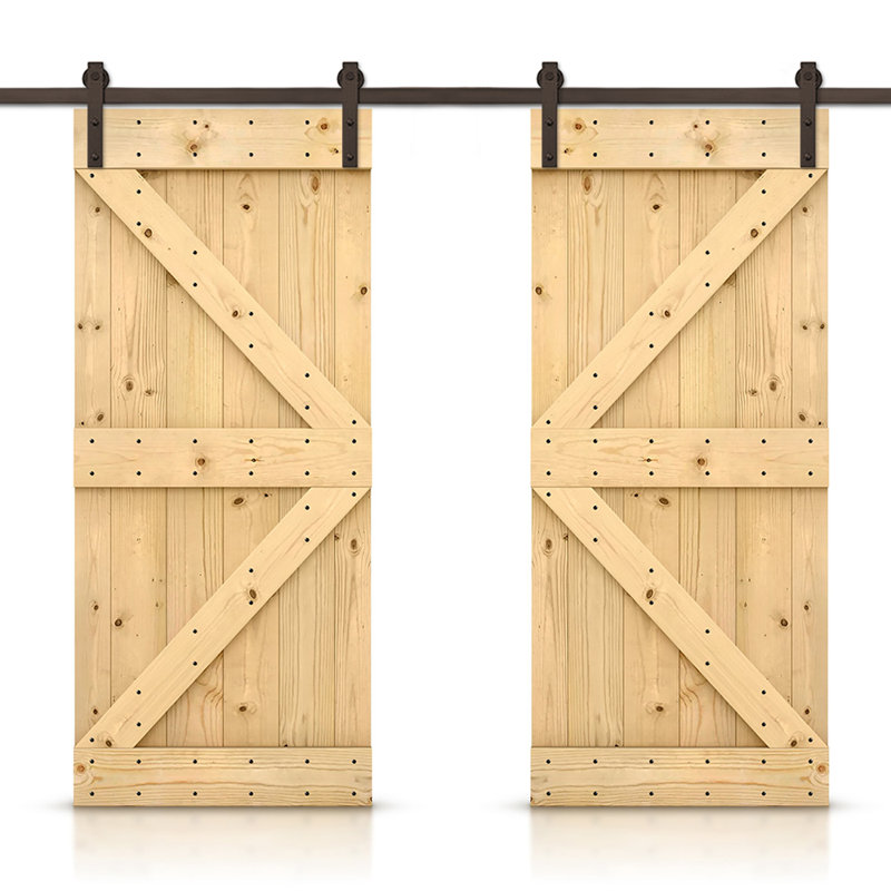 Porte de grange double à panneaux en bois teinté K Series avec ensemble de quincaillerie coulissante, 40 po x 84 po
