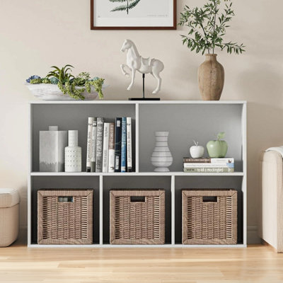 Five-Section Closed Back Bookcases, Natural Wood Storage Organizer, Modern Open Shelf Display Cabinet for Living Room Bedroom Office