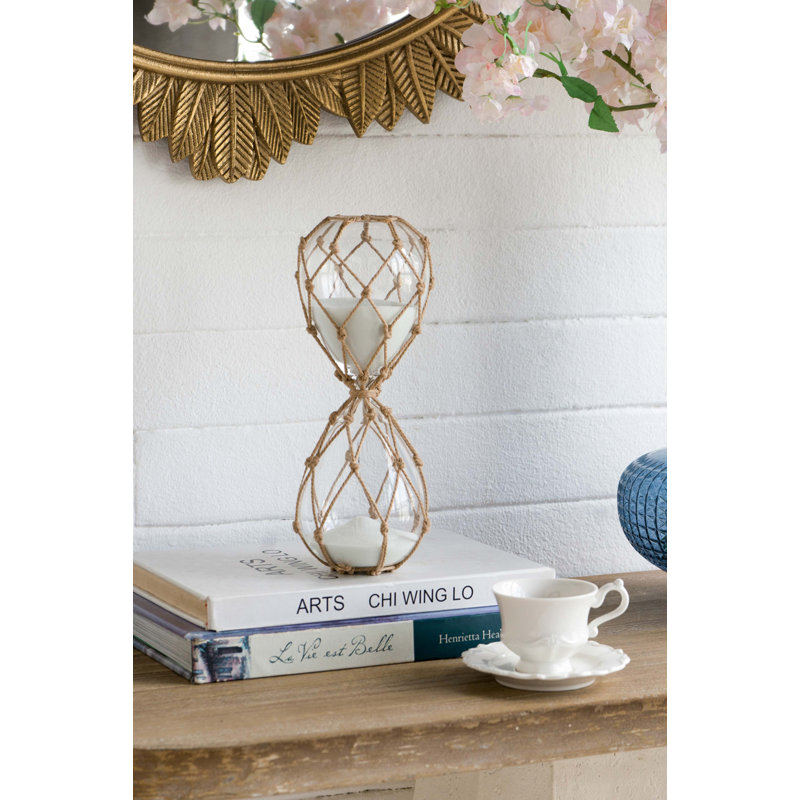 Sablier transparent avec sable blanc et filet de coton brun clair, 1, H 10 po x l 3,8 po x P 3,8 po