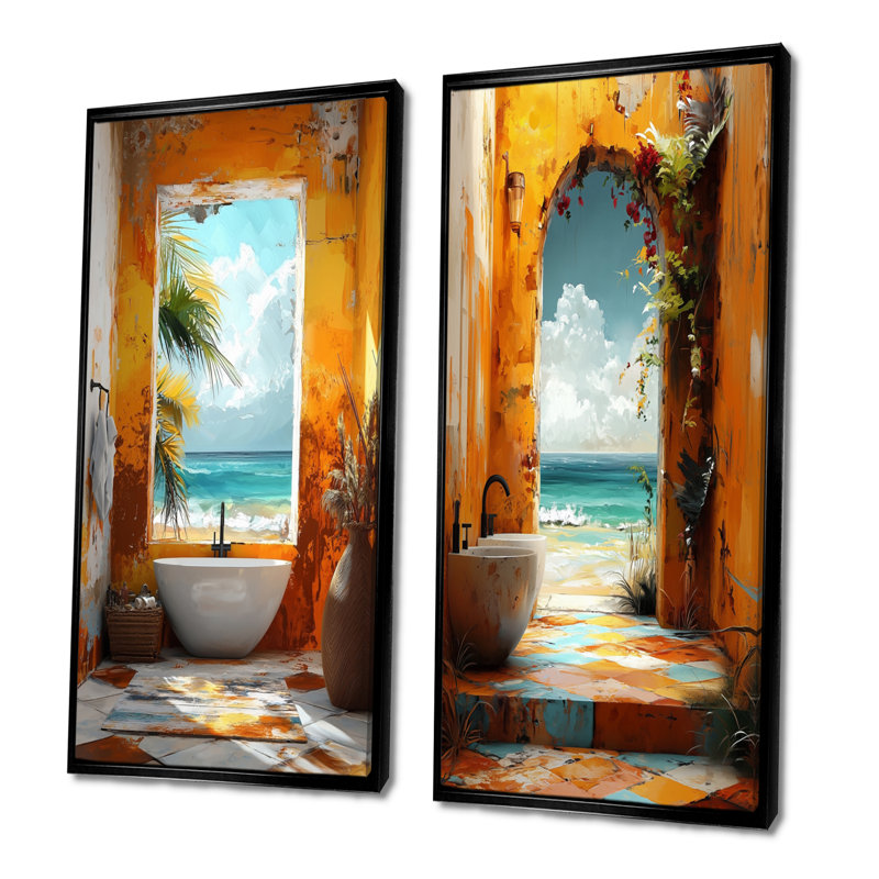 Ensemble de 2 pièces d'art mural jaune et bleu, Cadre flottant noir, H 28 po x l 24 po