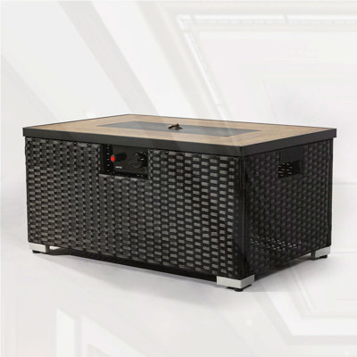 Rattan Fire Pit Table with Propane Tank Holder, Fire Table with Ceramic Tile Table Top