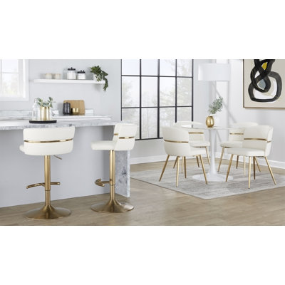 Tabouret réglable avec pivot en métal doré et similicuir blanc avec repose-pieds arrondi en T - ensemble de 2