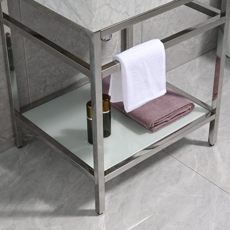 Meuble-lavabo de 24 po en marbre de Carrare naturel avec lavabo, structure en acier inoxydable argenté et tablette en verre