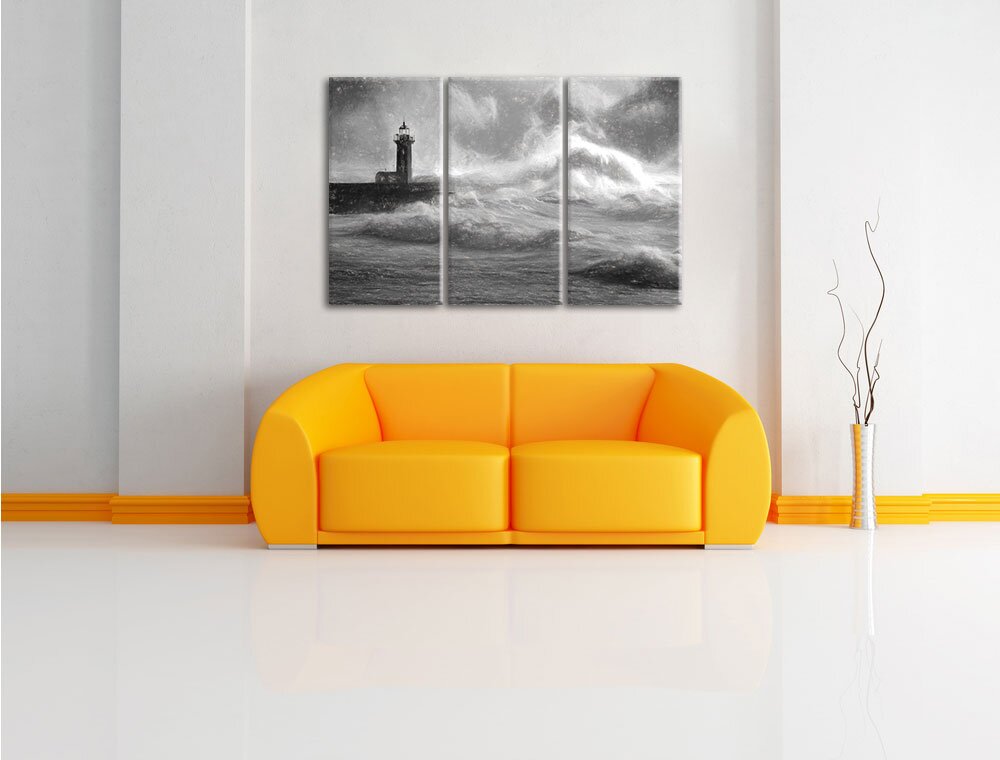 3-tlg. Leinwandbild-Set „Sturmwellen Leuchtturm Portugal“, Kunstdruck