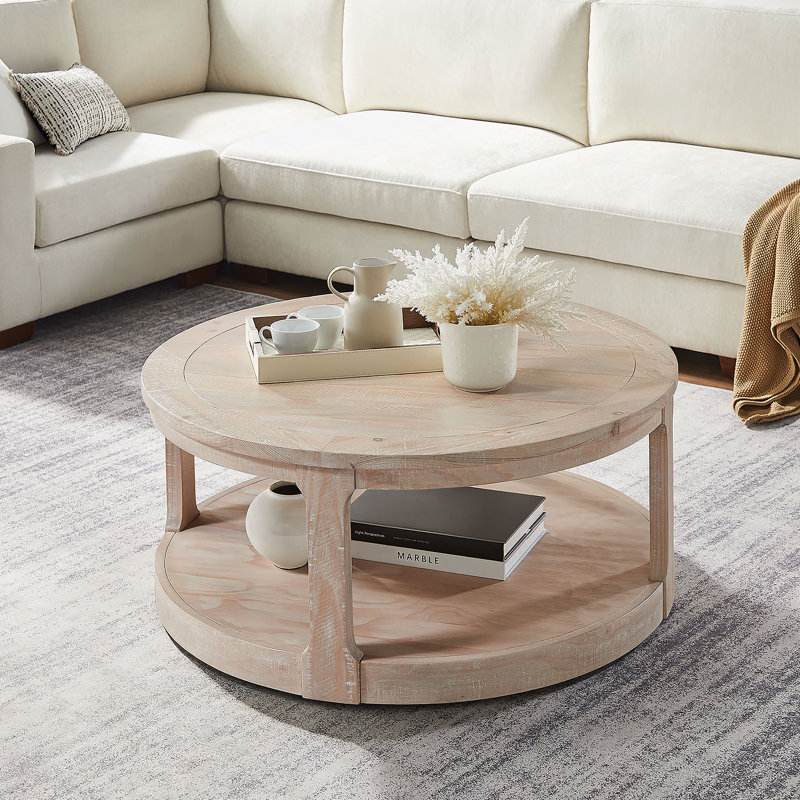 Grande table basse ronde de 40 po à 2 niveaux, Chêne