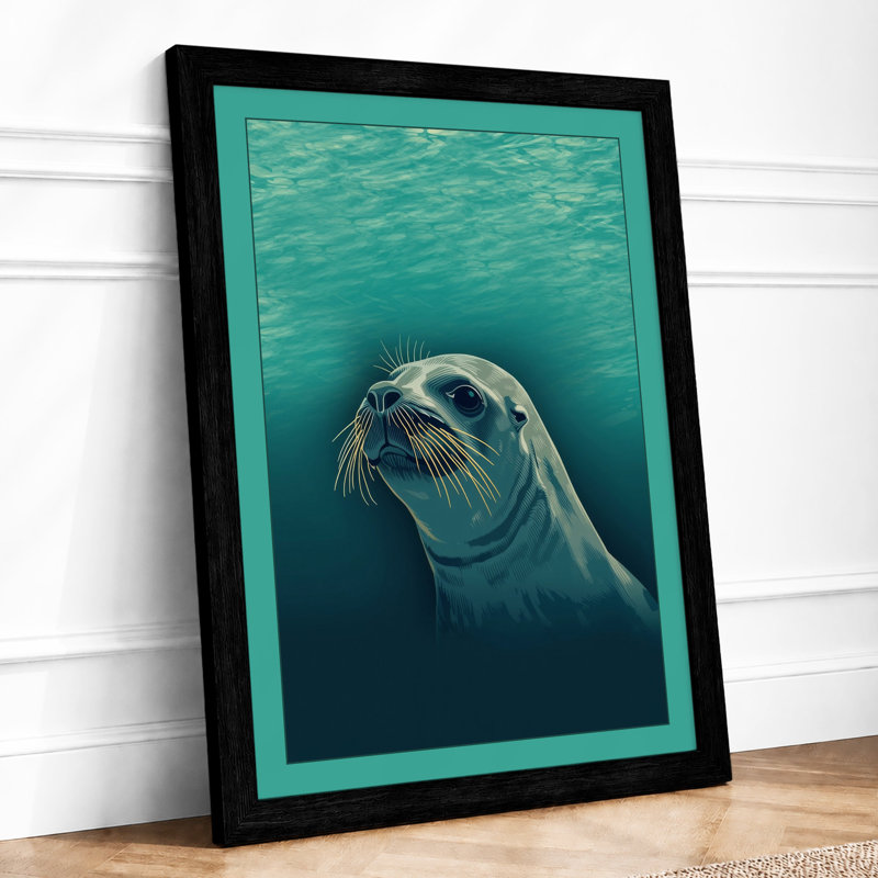 Seal in Turquoise Coastal - Framed Print, A1 - 84.1 x 59.4 cm, Black