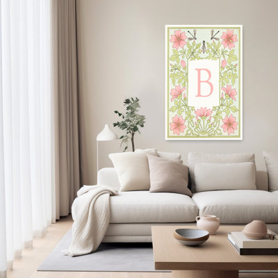 Pink Floral Letter B Classic Elegant Vintage Dragonfly Nature Flower Wall Art Print