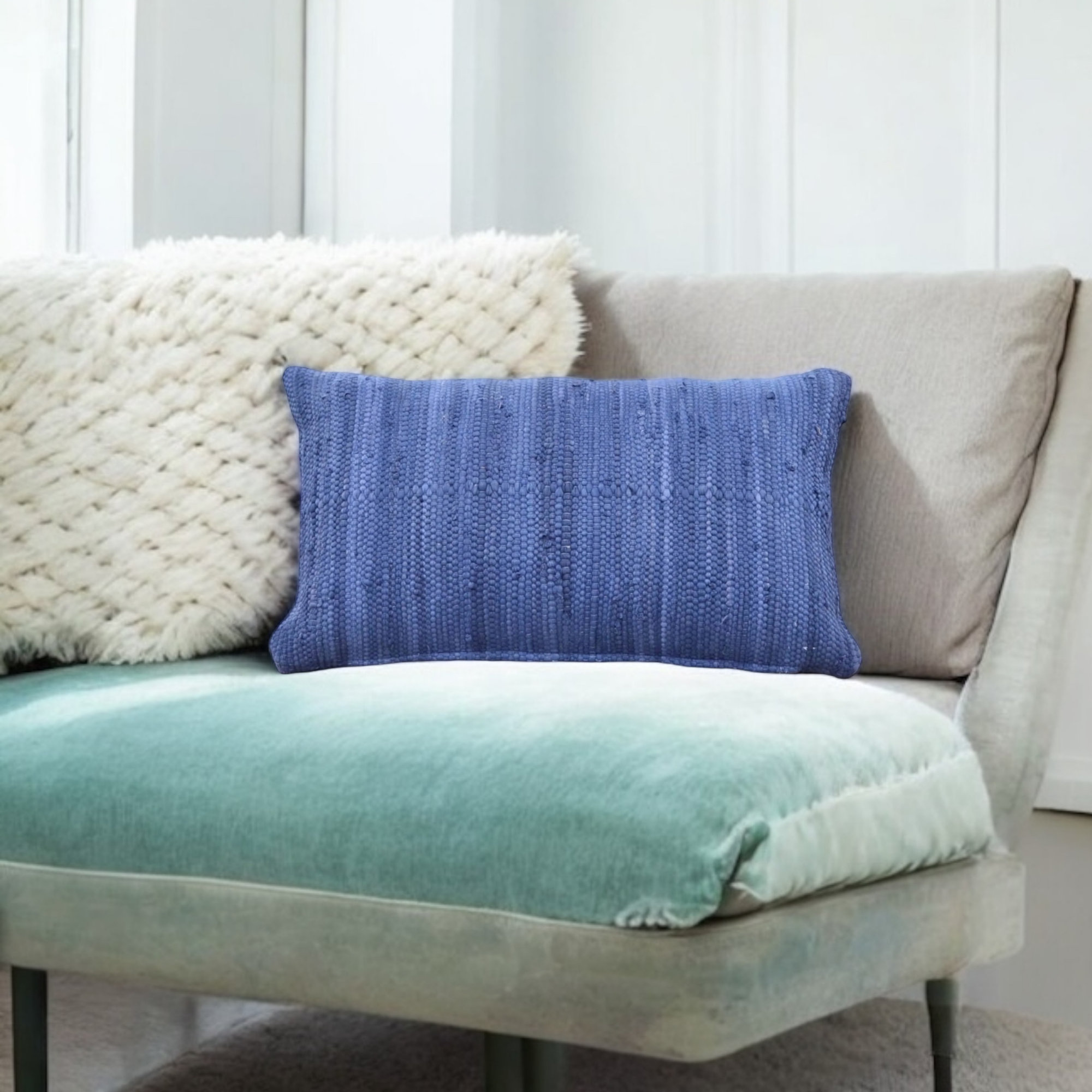 PILLOWPIA 100% Cotton Chindi Lumbar Pillow Cover with Brass Zipper | Handwoven Accent, Rectangular 14"H x 24"W, Marine Blue