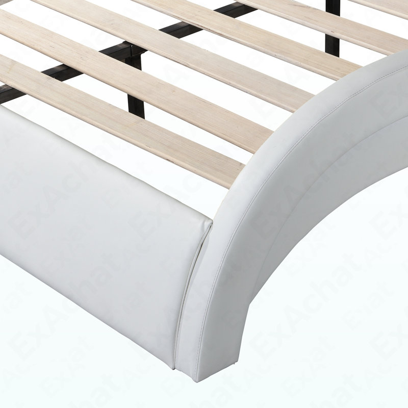 Structure de lit tapissier en similicuir avec éclairage à DEL, connexion Bluetooth pour contrôler la musique, massage par vibration du dossier, conception en courbe, support à lattes de bois, aucun sommier nécessaire, grand