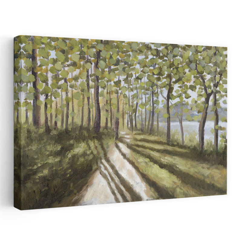 Chemin ensoleillé - paysage contemporain avec feuilles et art, H 48 po x l 32 po