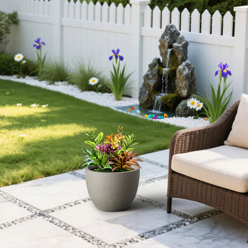 Pot à fleurs rond en béton gris 17 po (intérieur amélioré) avec trous de drainage, H 12,99 po x l 17,32 po x P 17,32 po