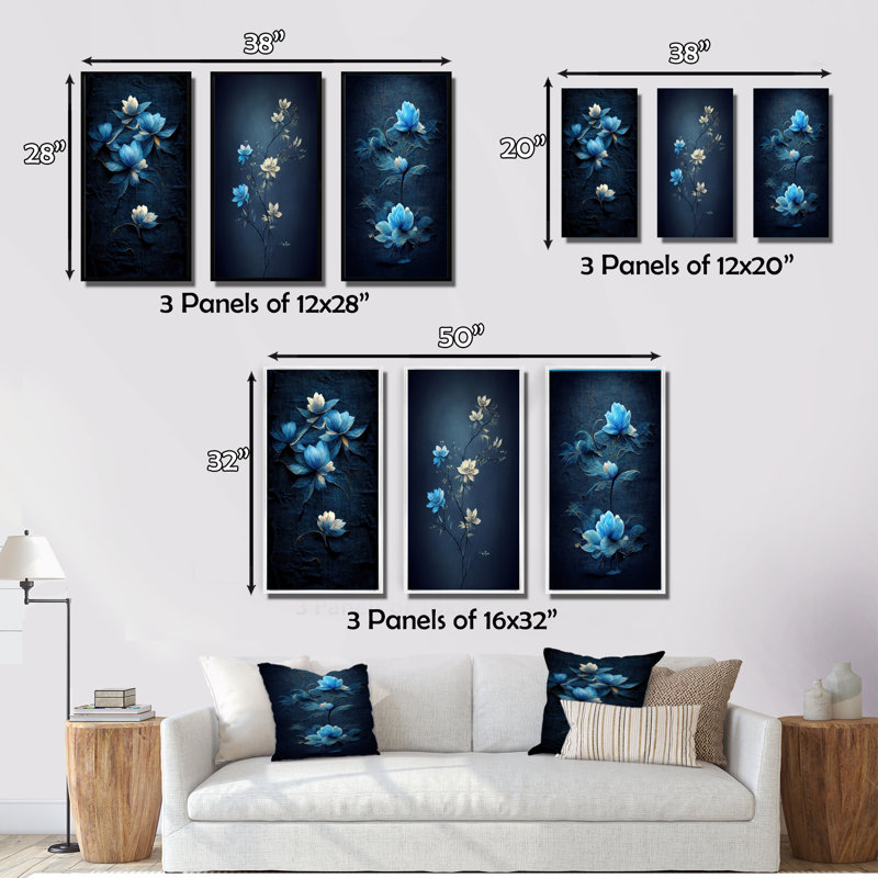 «Vintage Chinese Light Blue Flowers», 3 pièces sur toile, H 32 po x l 48 po, Cadre flottant noir