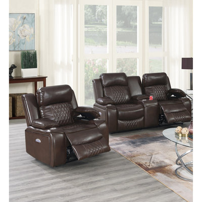 Mobilier de salon contemporain 2 pièces : fauteuil inclinable électrique avec console porte-gobelet et chargeur, mobilier moderne à mouvement, brun, réglable sans fil