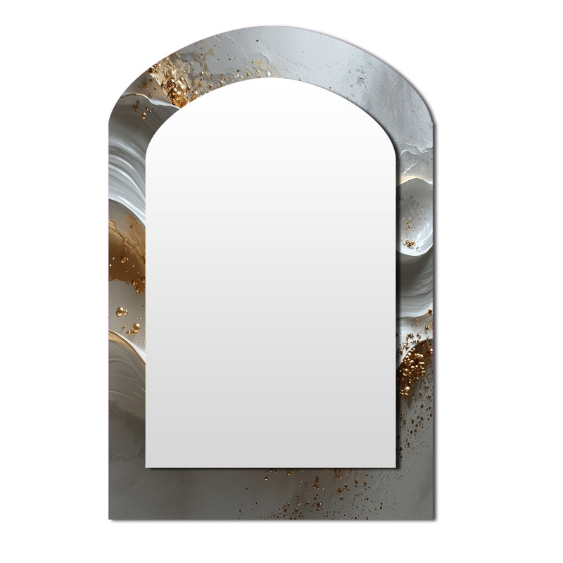 Grey And Gold Abstract Marble II - Marble Arch Wall Mirror, Gold Asymmetrical Decorative Mirror, Printed Metal Art, 43" x 33"