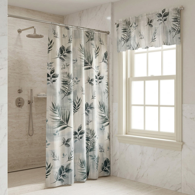 Rothbury Leaf Pattern Fabric Shower Curtain & Window Valance Set