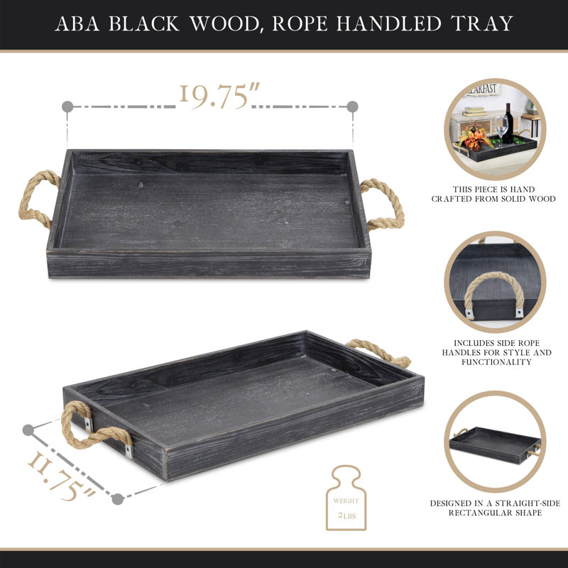 Baltazar Wooden Tray with Rope Handles, Black