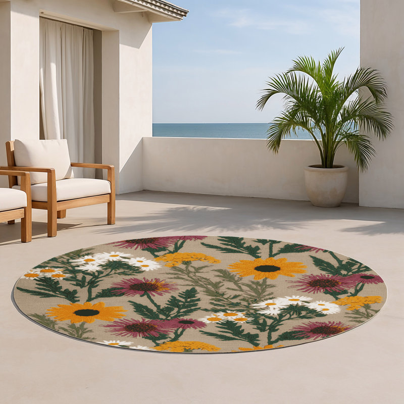 Tapis d'intérieur et d'extérieur gris Botanical, Rond 5 pi