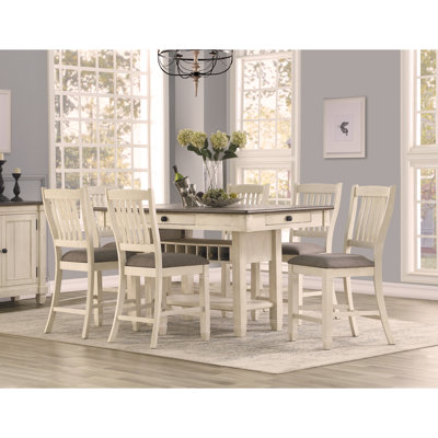 Antique White Finish Dining Set Table with 6x Drawers and Side Chairs Upholstered Seats