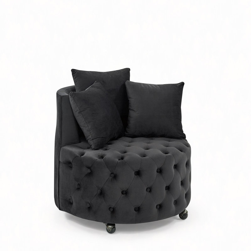 Fauteuil pivotant en velours rembourré pour le salon, avec capitonnage à boutons et roues mobiles, comprenant 3 coussins